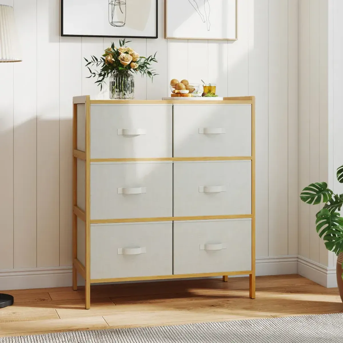 Fabric Dresser with 6 Drawers with 6 Folding Fabric Bins for Bedroom Living Room