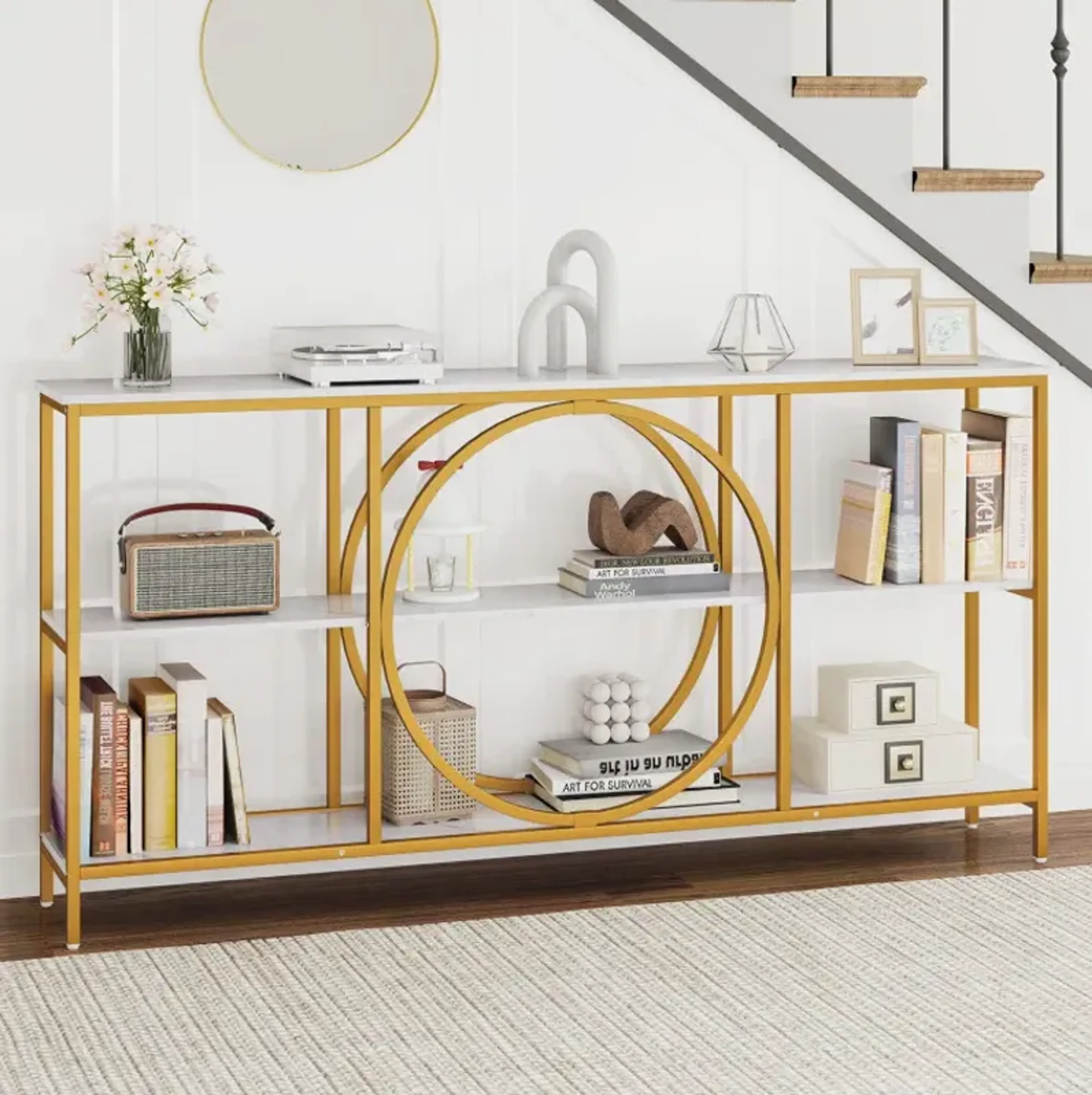 3 Tier Console Table With Faux Marble Top And Storage Shelves For ...
