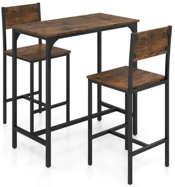 3 Piece Bar Table Set with Backrest and Footrest for Small Space