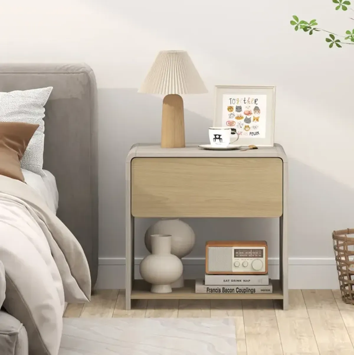 2-Tier Modern Style Nightstand with Drawer and Open Shelf for Bedroom