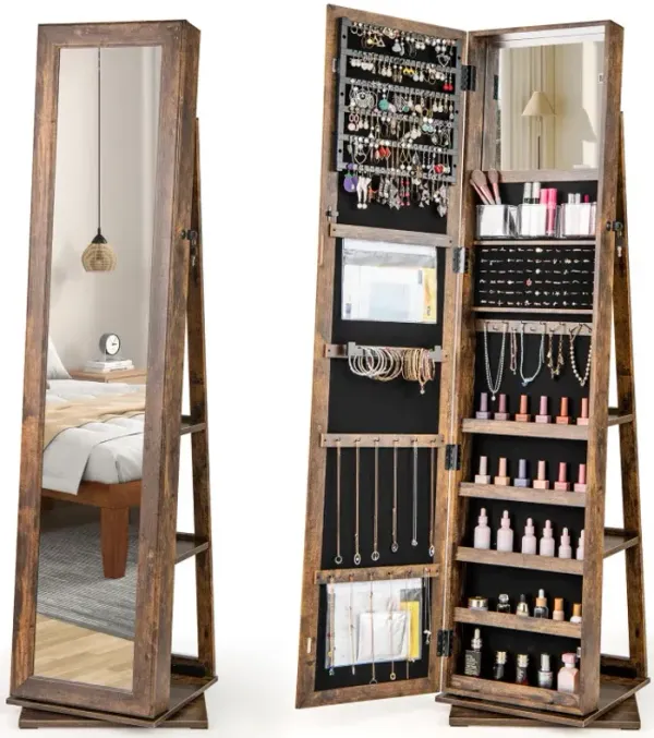 360° Swivel Jewelry Armoire Standing Jewelry Organizer with Full Length Mirror and Back Shelves