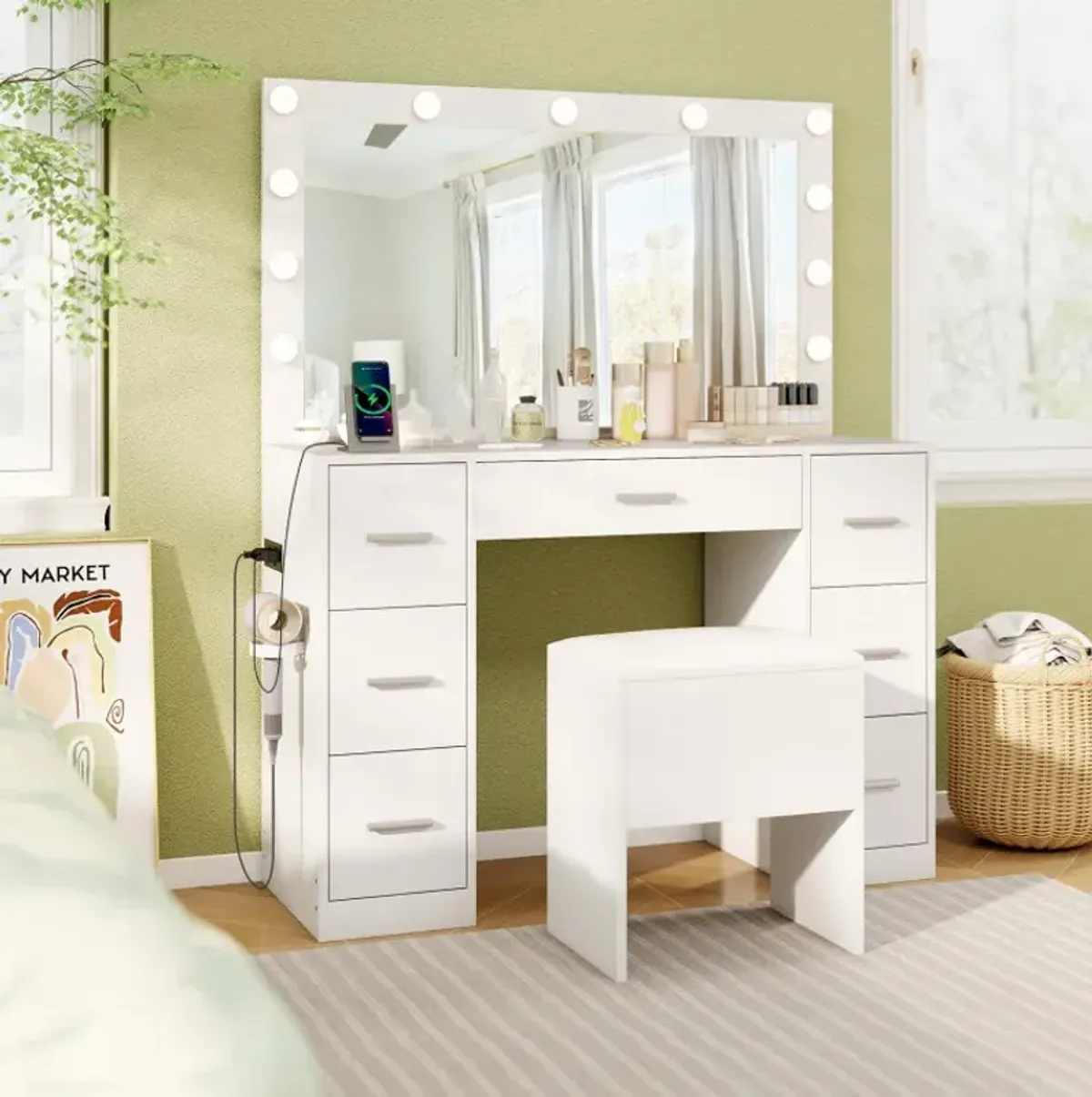 43.5-Inche Vanity Desk with Mirror and Lights for Bedroom