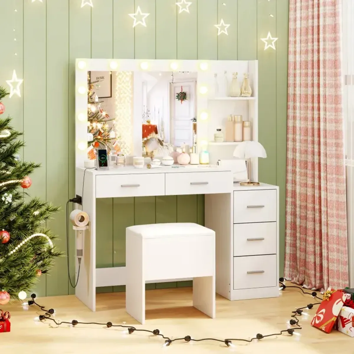 Makeup Table and Stool Set with Hair Dryer Stand