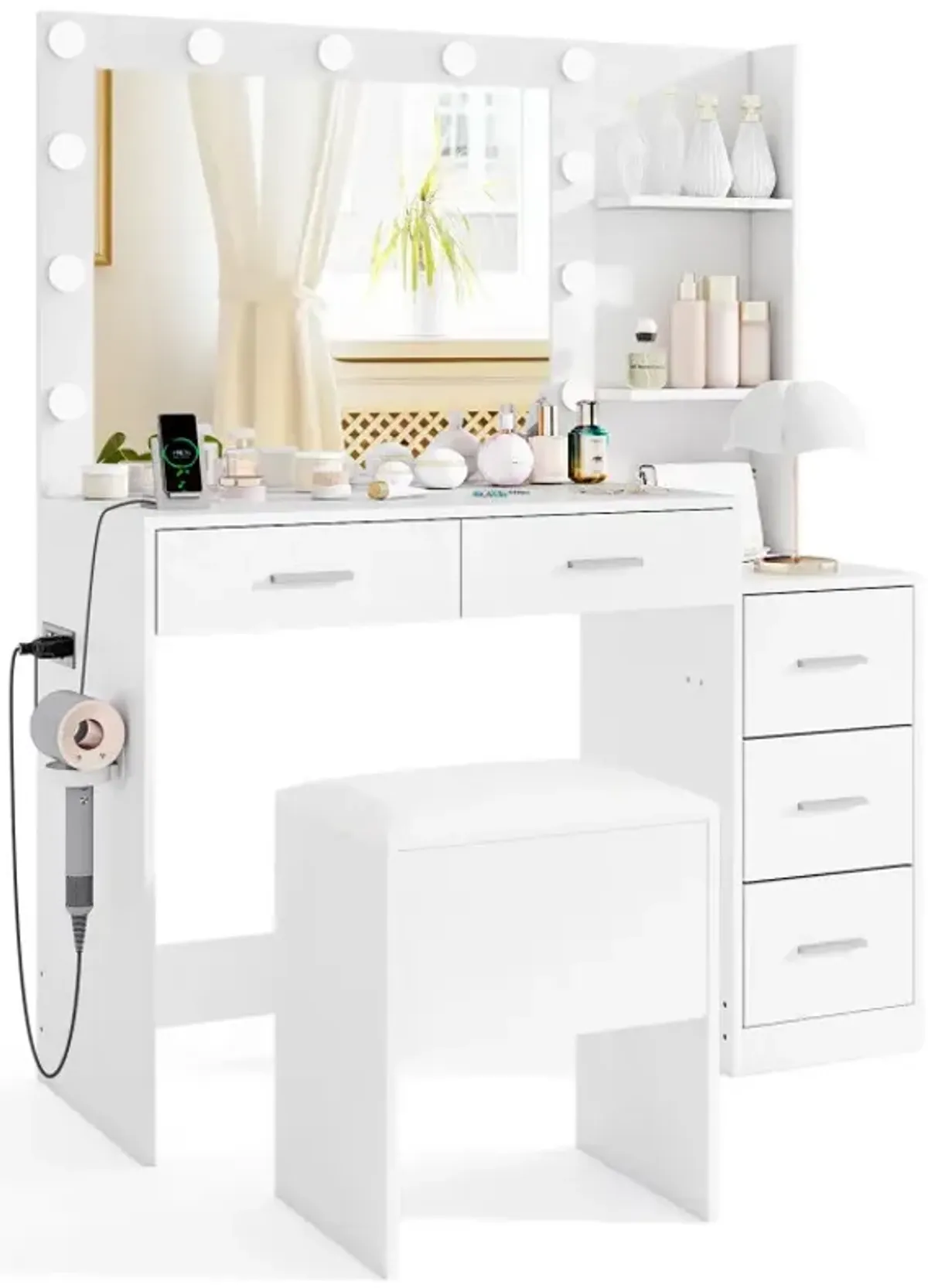 Makeup Table and Stool Set with Hair Dryer Stand