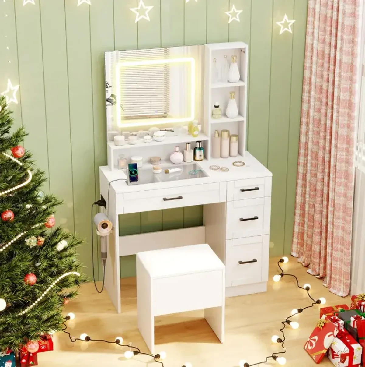 Dressing Desk with 3 Color Lighting and Hair Dryer Stand