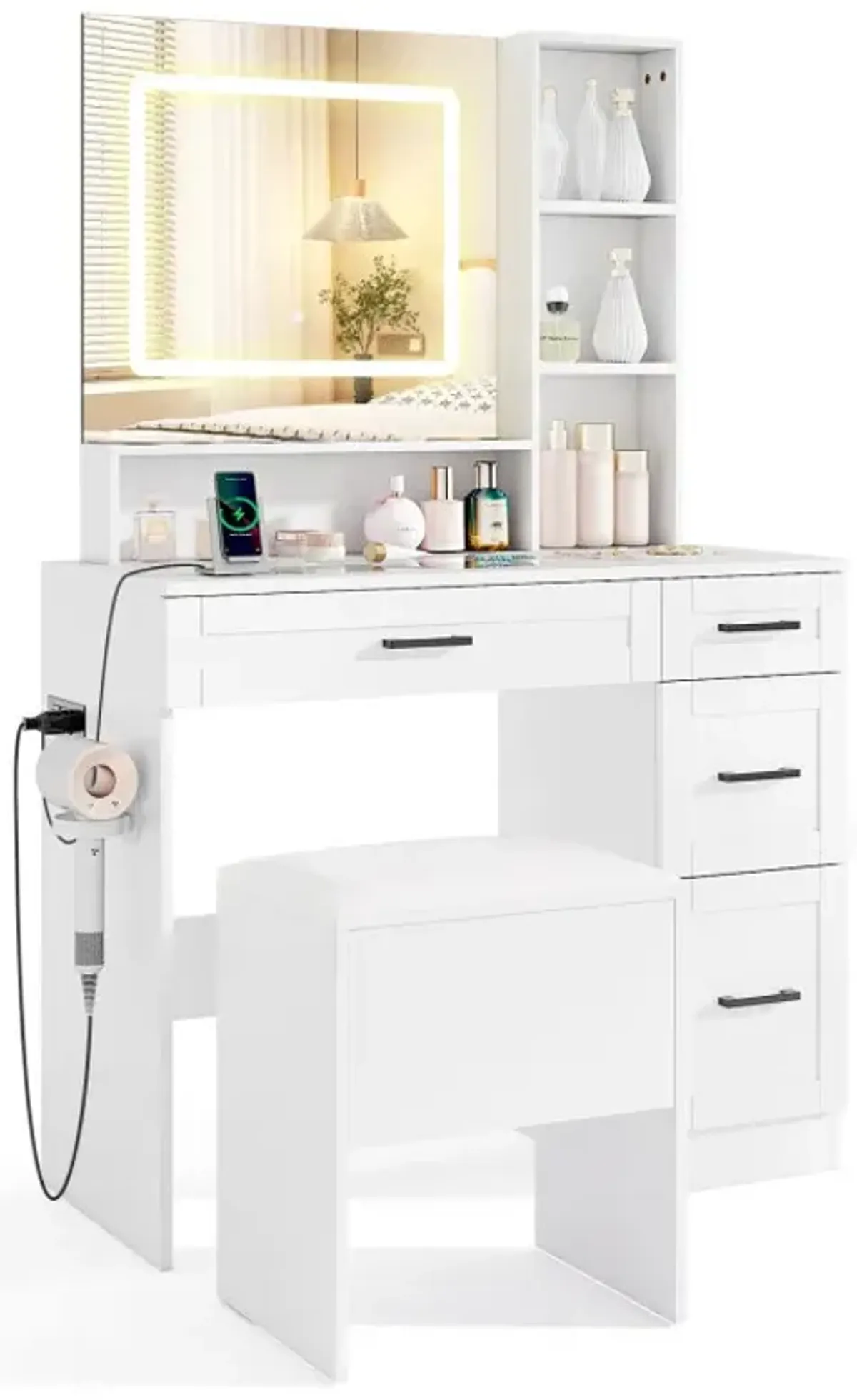 Dressing Desk with 3 Color Lighting and Hair Dryer Stand