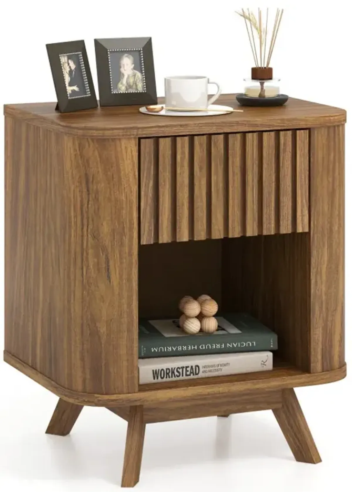Mid-century Wood Nightstand with Drawer and Open Shelf
