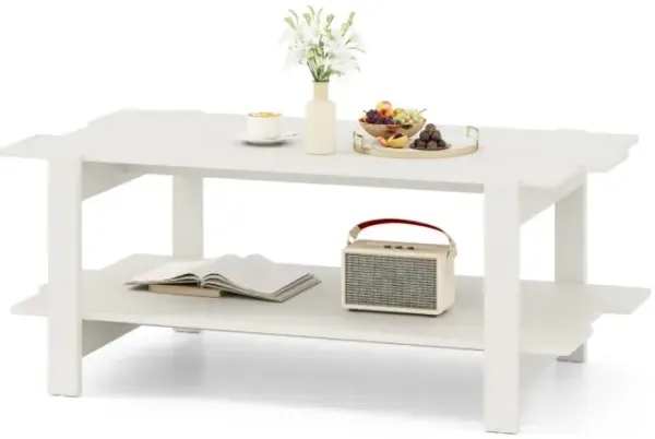 2-Tier Coffee Table Slatted Wood Center Table with Storage Shelf