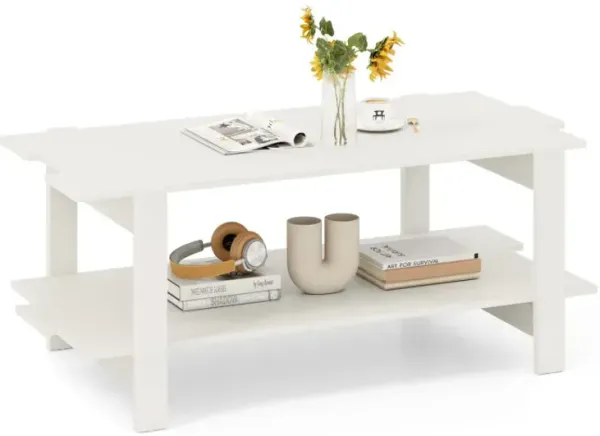 2-Tier Coffee Table Slatted Wood Center Table with Storage Shelf