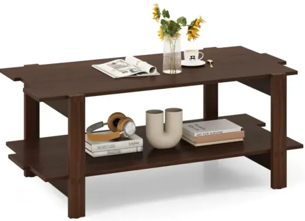 2-Tier Coffee Table Slatted Wood Center Table with Storage Shelf