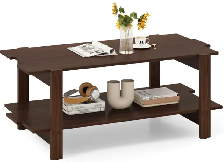 2-Tier Coffee Table Slatted Wood Center Table with Storage Shelf