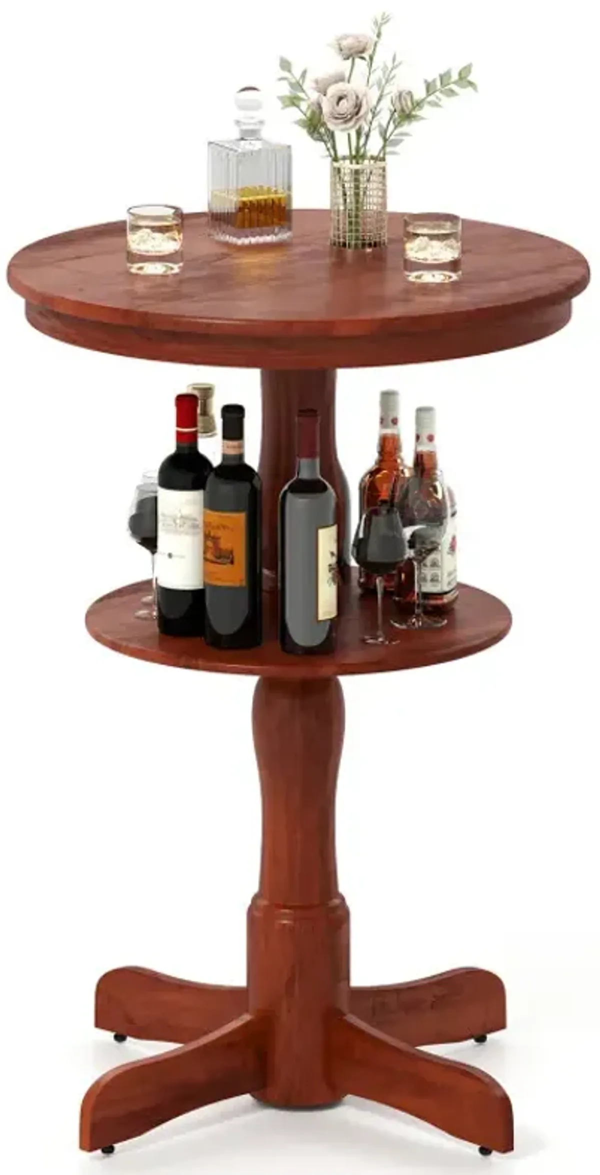 2-Tier Round High Top Bar Table with Storage Shelf and Pedestal Base