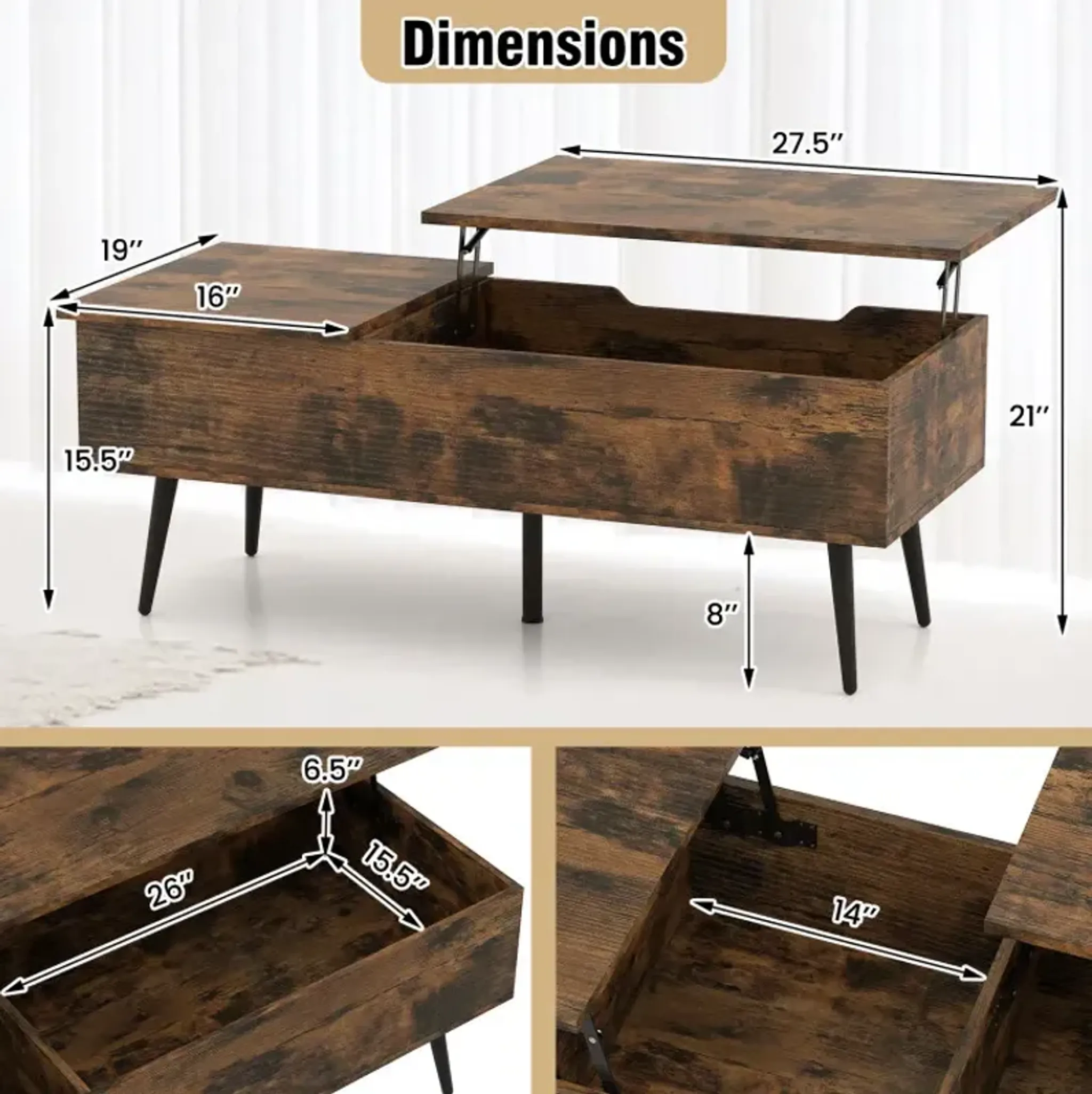 47 Inch Lift Top Coffee Table With 2 Hidden Compartments Costway ...