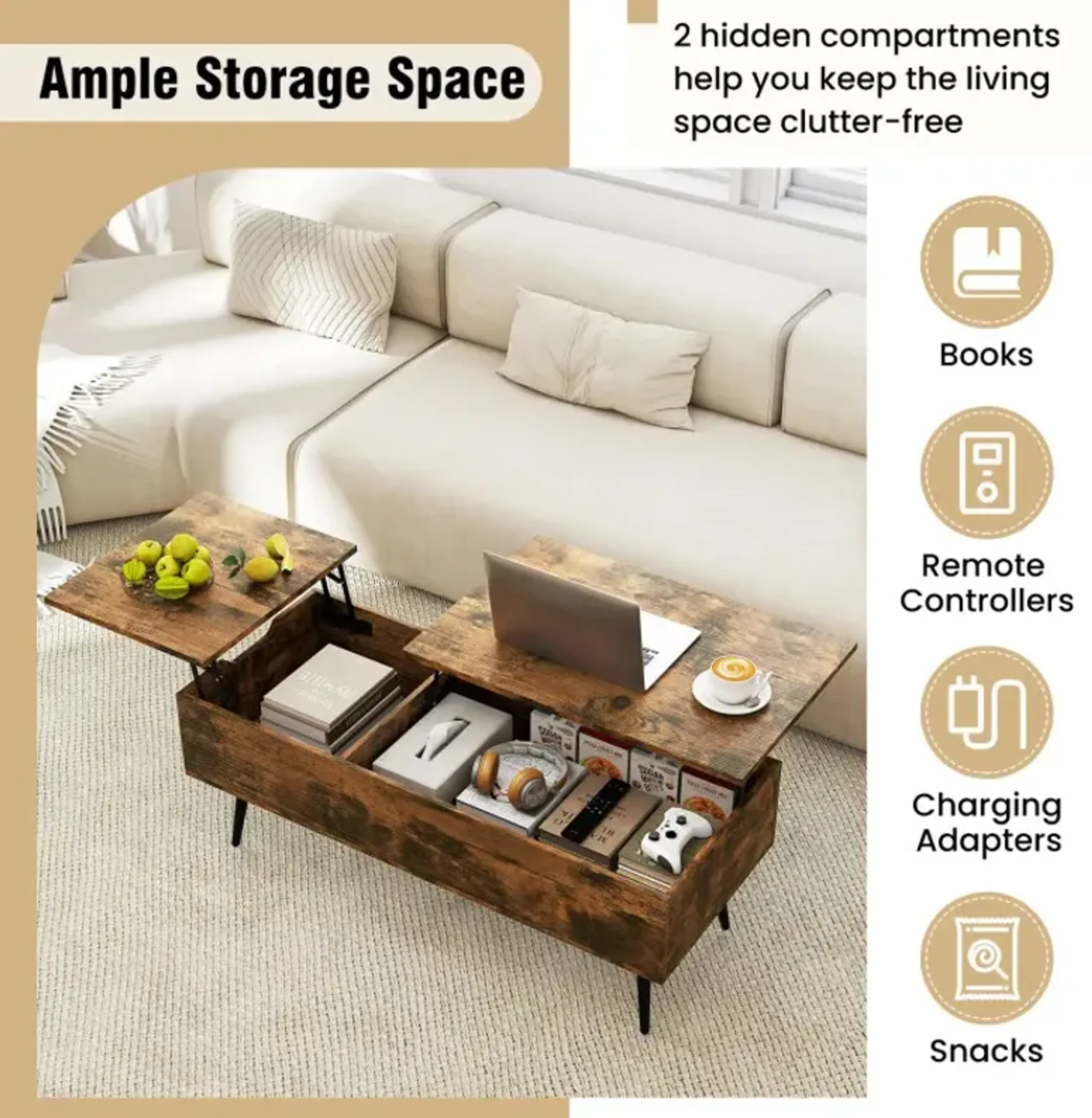 47 Inch Lift Top Coffee Table With 2 Hidden Compartments Costway ...