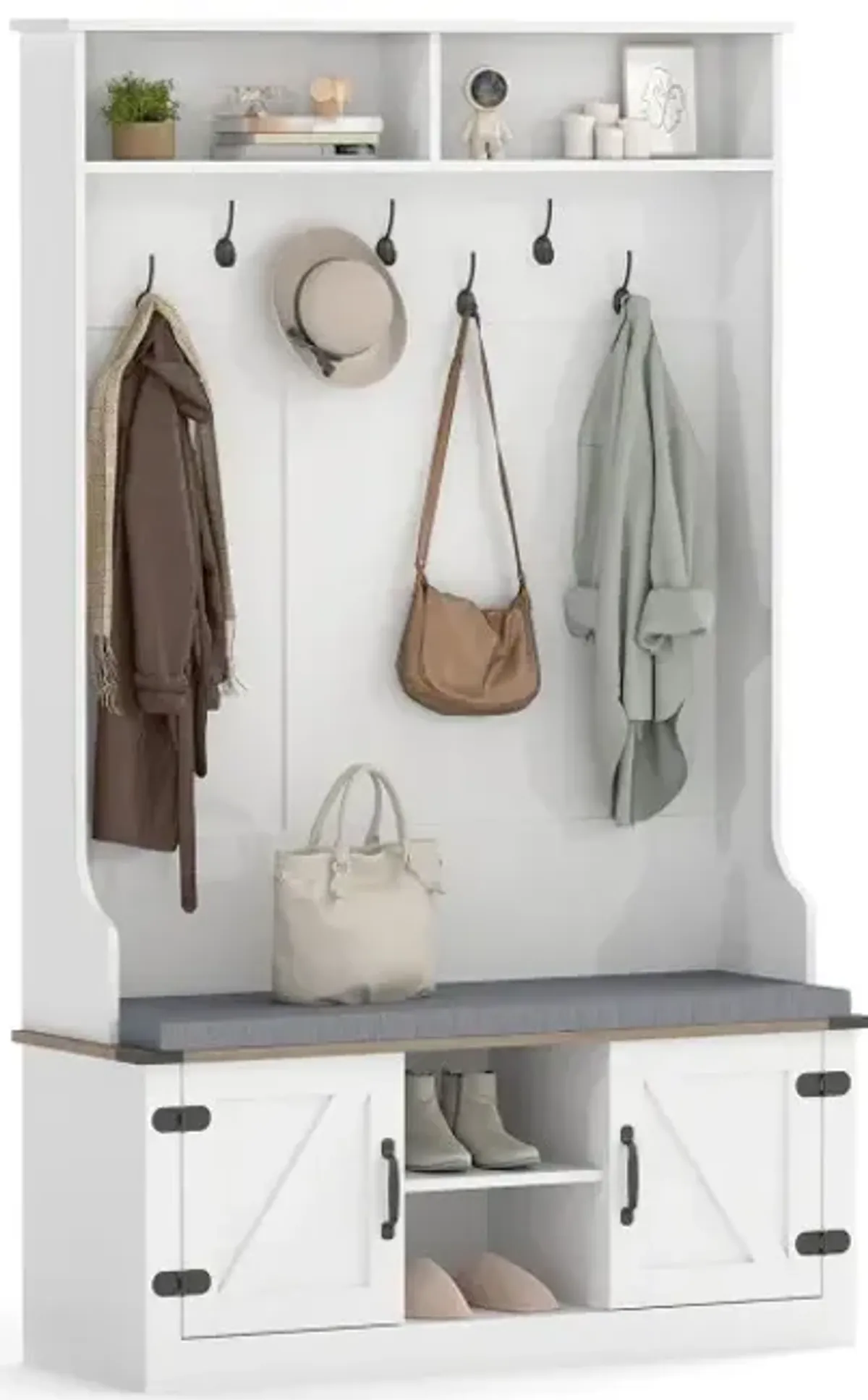 4-in-1 68.5 Inch Tall Coat Rack with Cushioned Bench and Shoe Storage