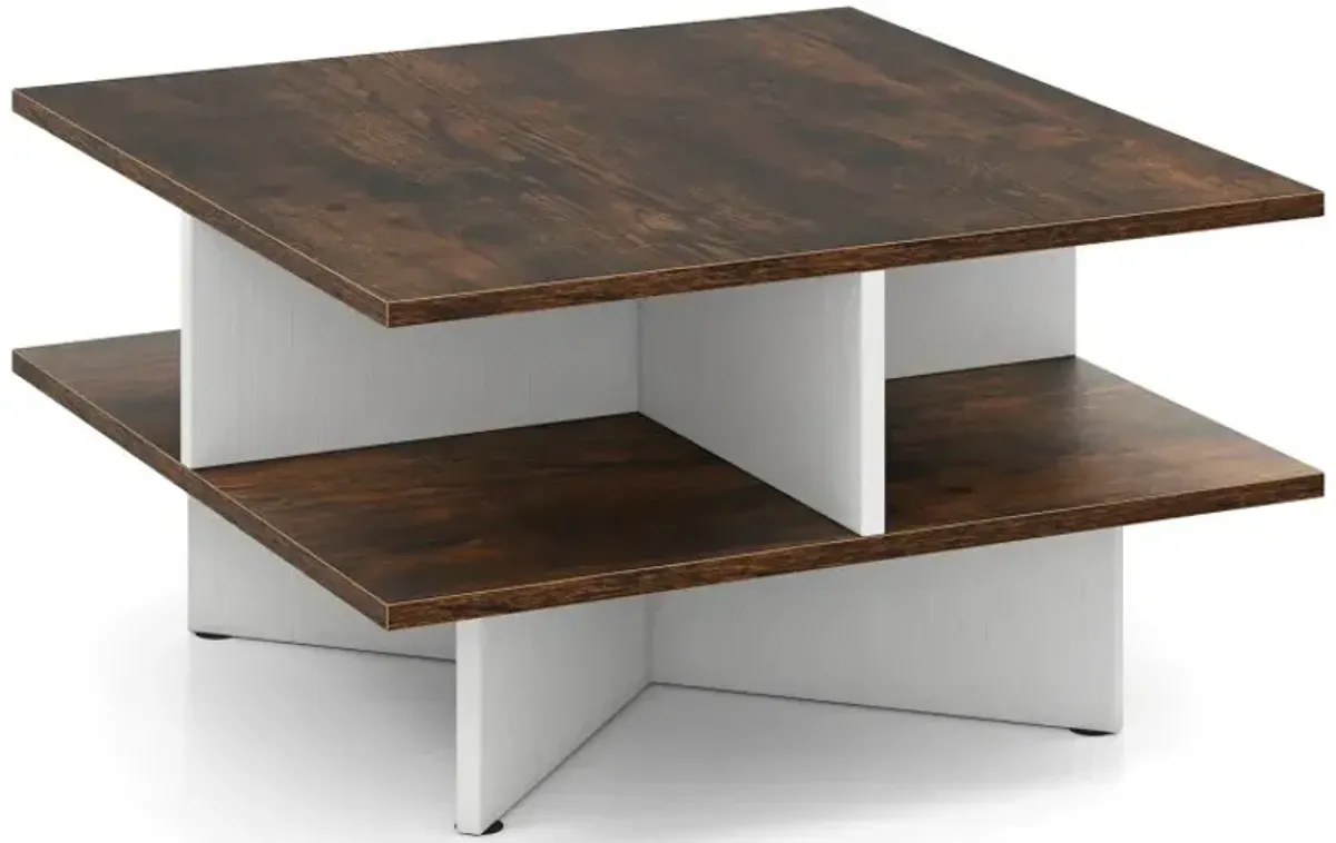 2-Tier Square Coffee Table with 4 Storage Compartments for Living Room