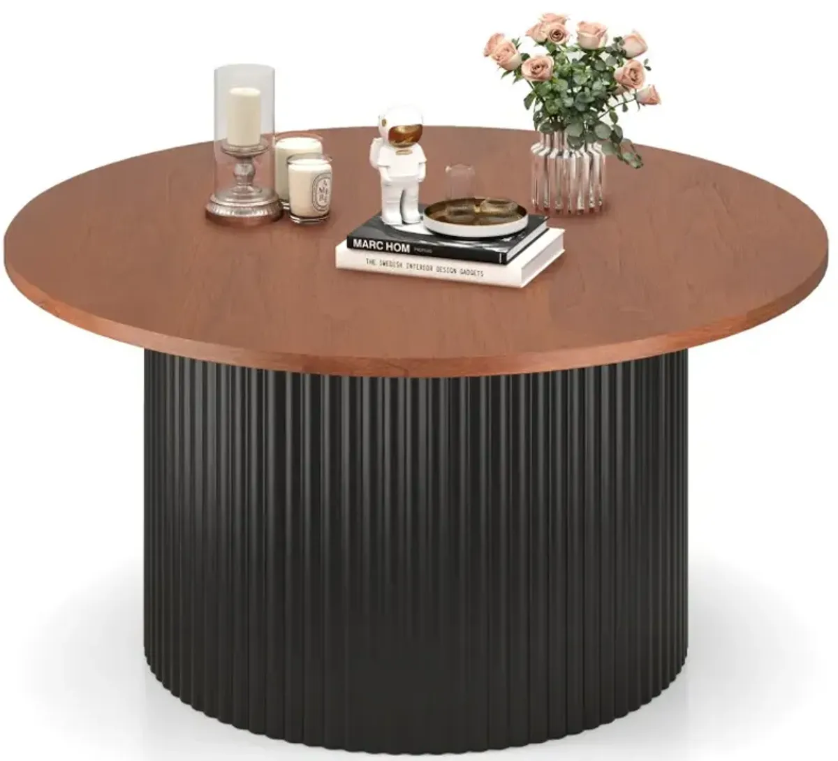 Round Coffee Table with Solid Wood Frame and Wooden Top