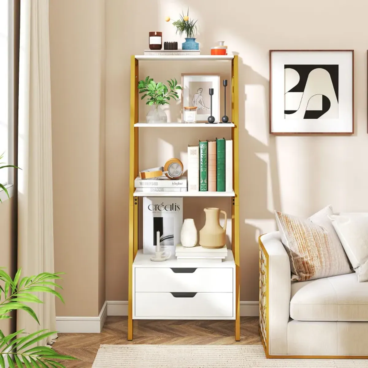 4-Tier Ladder Shelf with 2 Drawers 52.5 Inch Tall Freestanding Bookcase