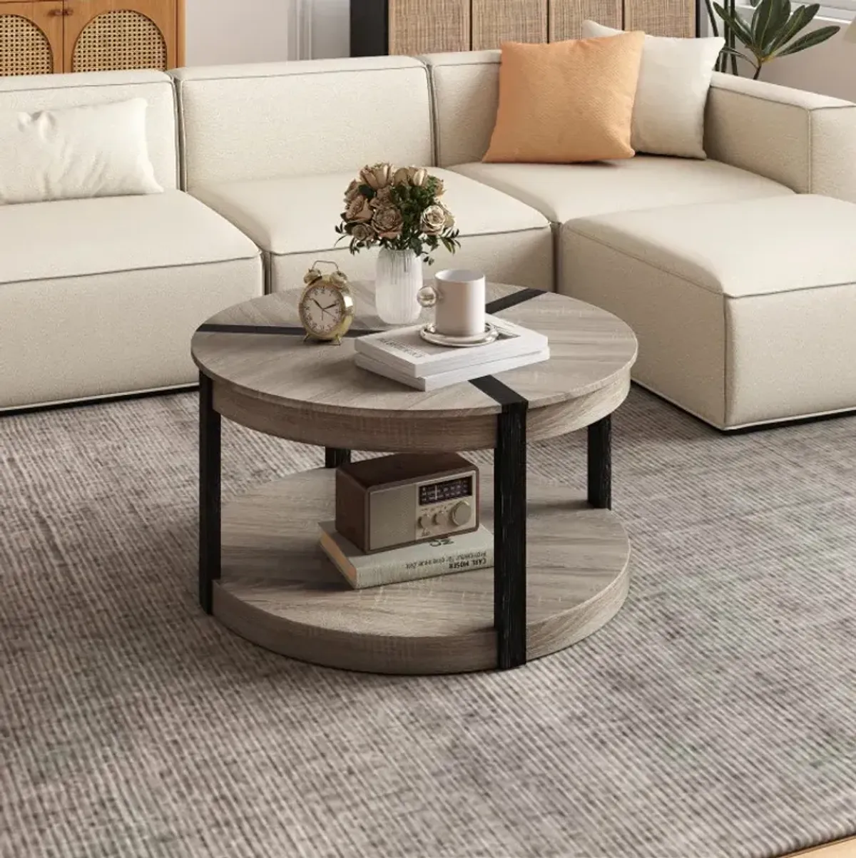 34.5" Rubber Wood 2-Tier Round Center Table with Spacious Tabletop and Storage Shelf