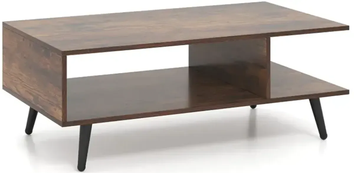 Mid Century Modern Rectangle Coffee Table 2-Tier Accent Table with 2 Open Compartments