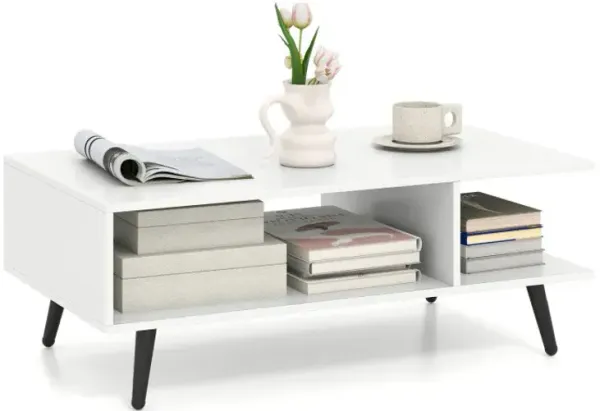 Mid Century Modern Rectangle Coffee Table 2-Tier Accent Table with 2 Open Compartments