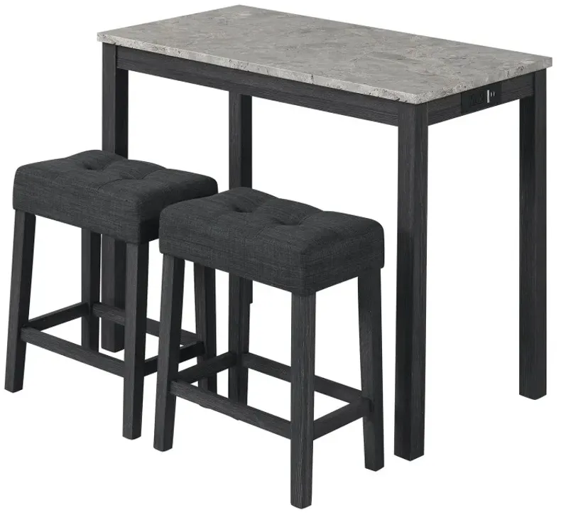 3-Piece Bar Table Set with Charging Station and Faux Marble Top