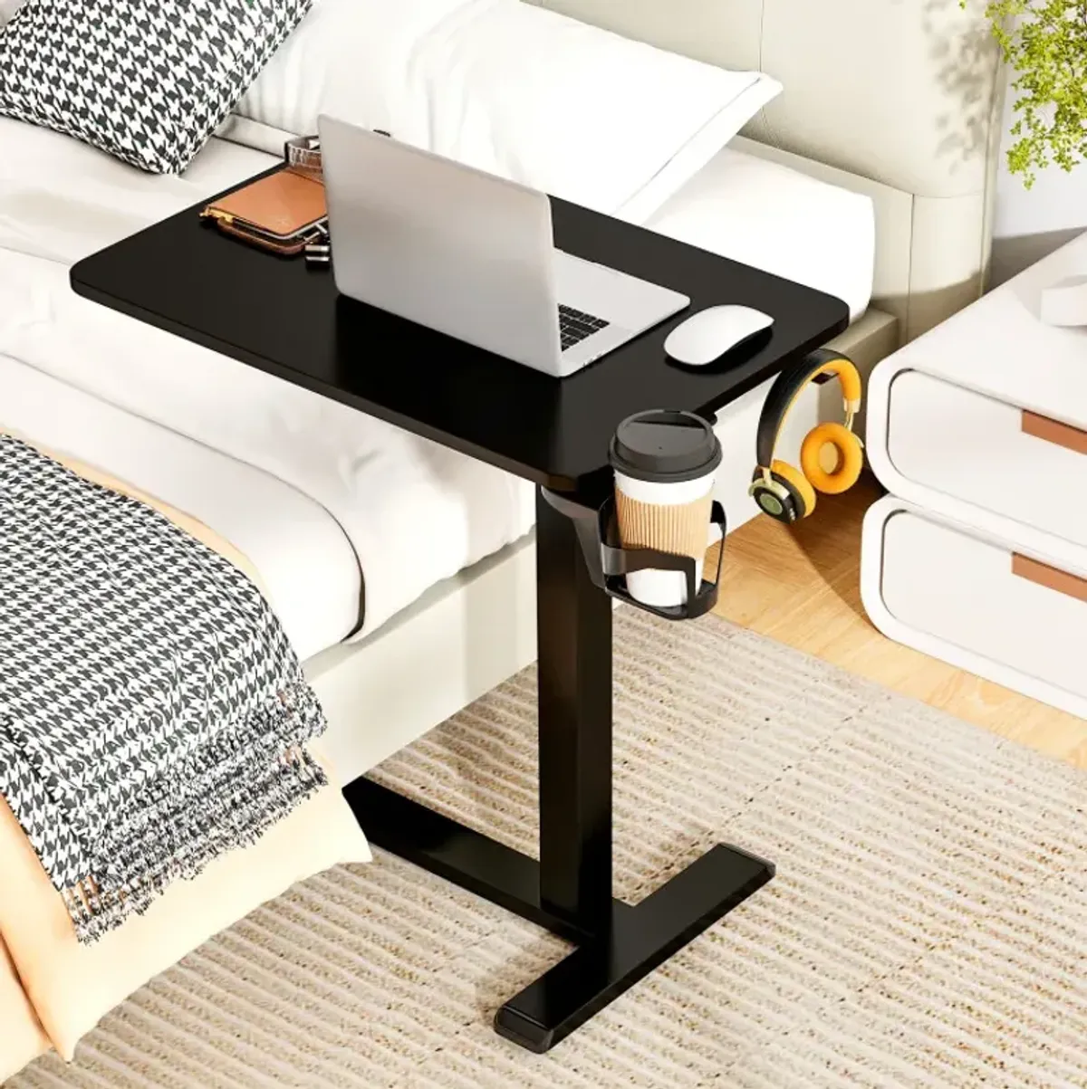 Mobile Standing Desk Height Adjustable Overbed Bedside Table with Cup Holder