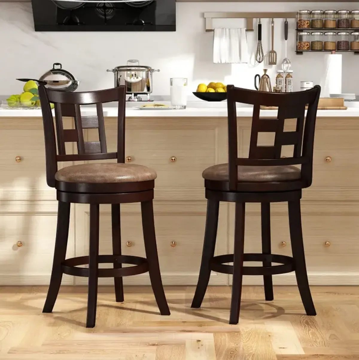 Set of 2 Bar Stools Swivel Bar Chairs with Footrest and Lattice Backrest