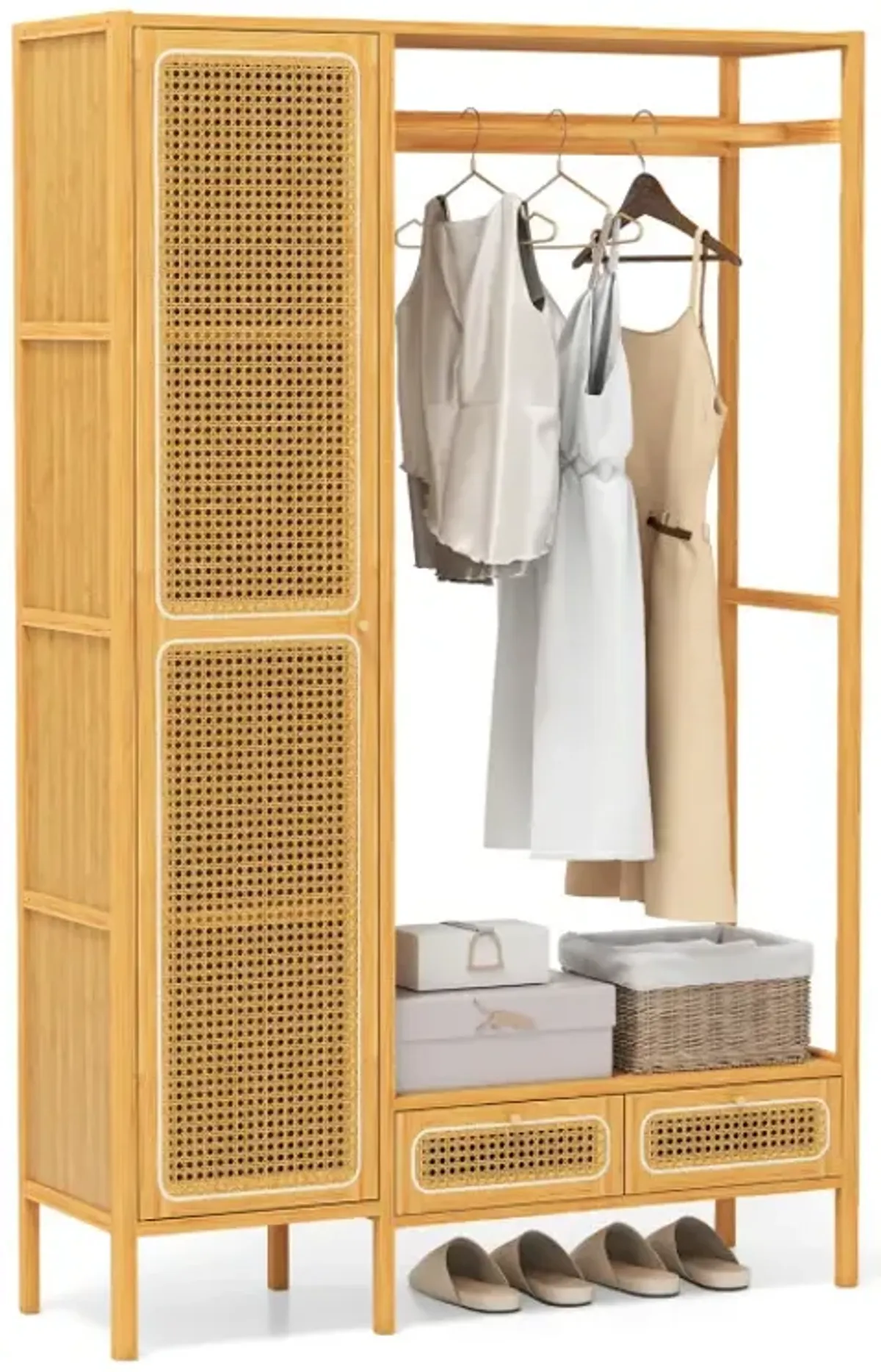 Bamboo Clothing Rack with Cabinet and Drawers and Hanging Rod