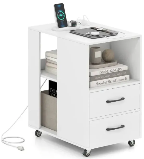 End Table with Built-in Charging Station Sofa Side Bedside Table on Wheels