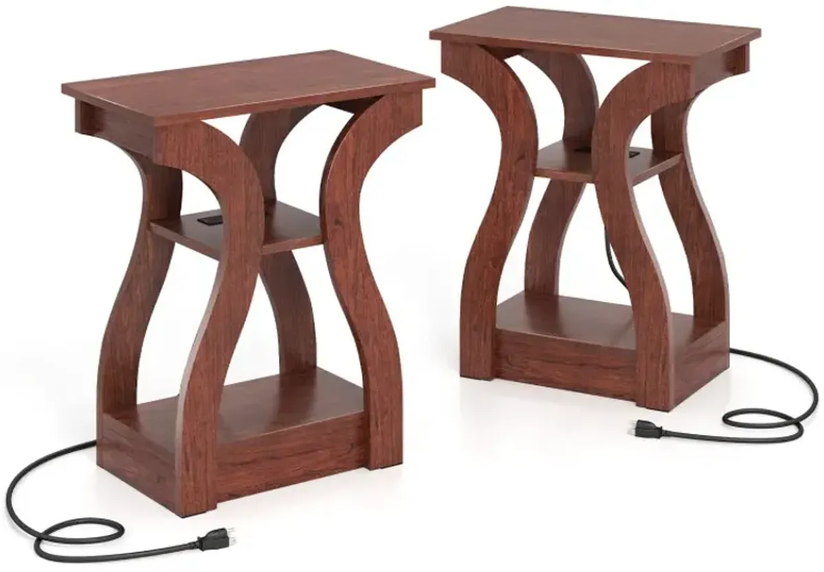 3-Tier End Tables with Charging Station Set of 2 with Open Storage Shelves