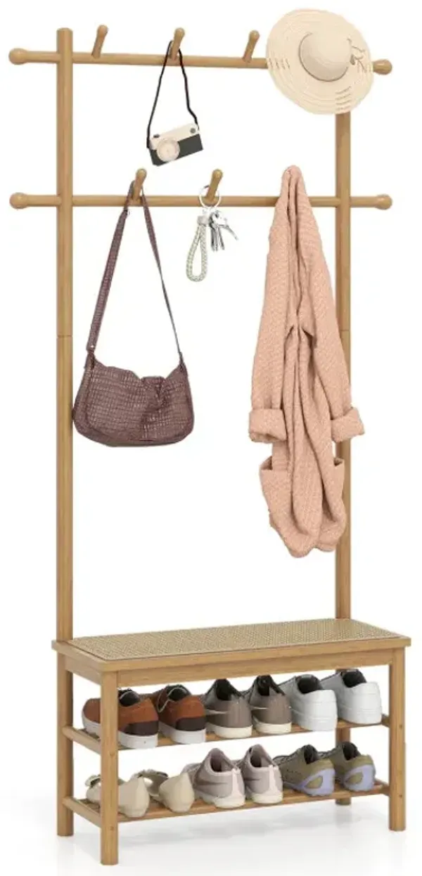 Bamboo Coat Rack PE Rattan Hall Tree with Bench and Shoe Storage 3-In-1 Entryway Bench