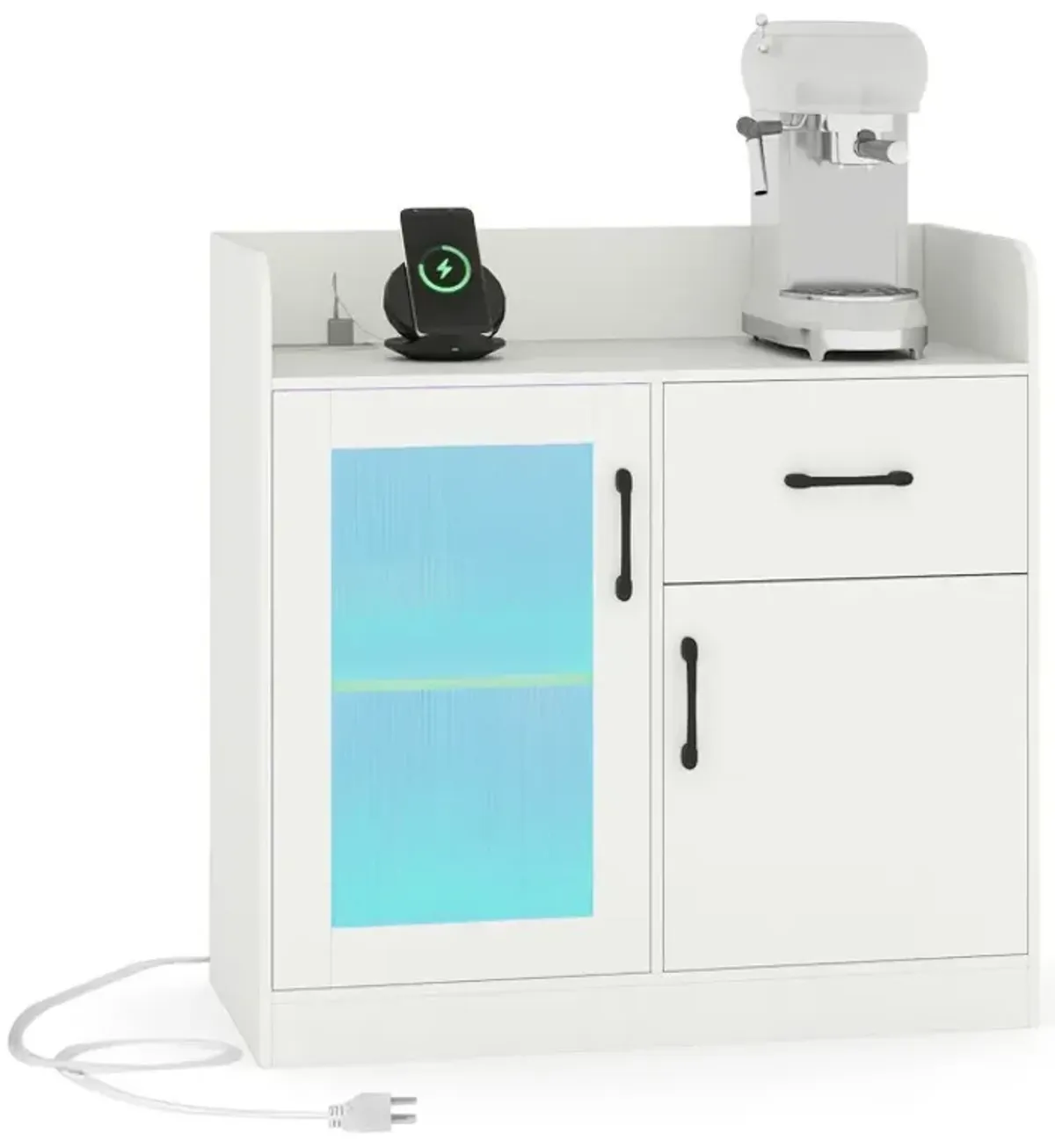 LED Buffet Sideboard with Charging Station with Drawer and Translucent Fluted Door