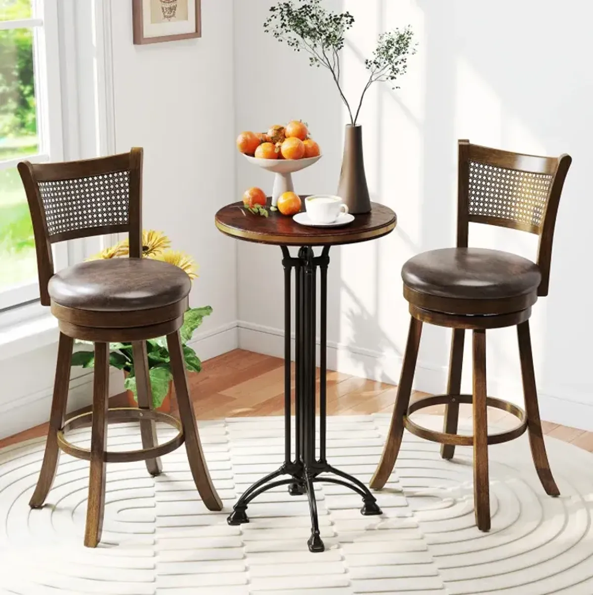 29 Inches Swivel Counter Height Barstool Set of 2 with Rattan Backrest and Footrest