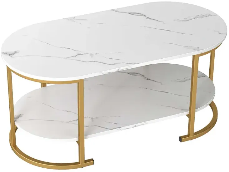 Oval Coffee Table 2-Tier Wooden Accent Table with Spacious Tabletop and Open Storage Shelf