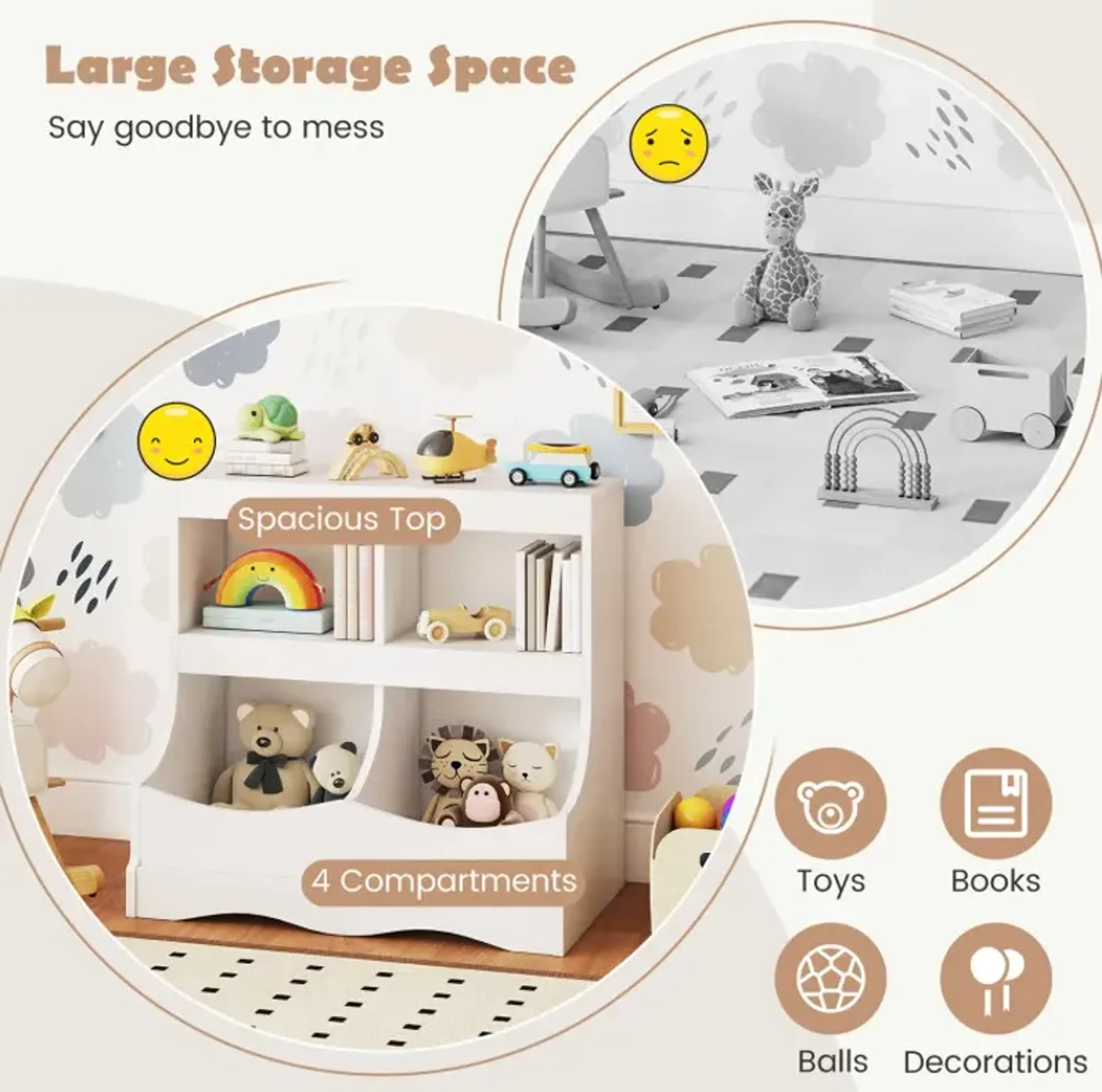 Toy Storage Organizer 4-Cubby Kids Bookcase for Toys and Books