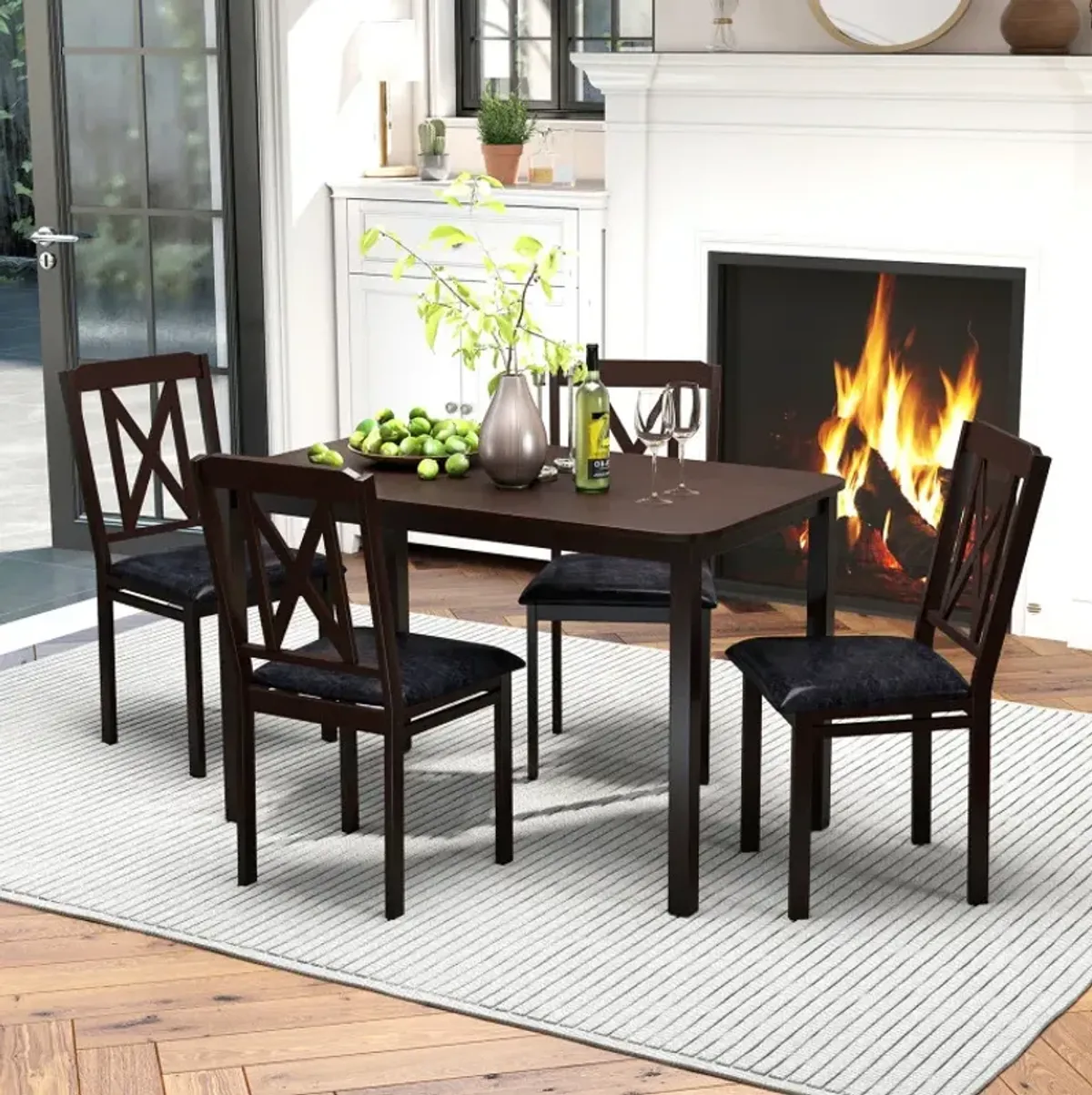 5-Piece Dining Table Set with Wide Tabletop and Rubber Wood Legs
