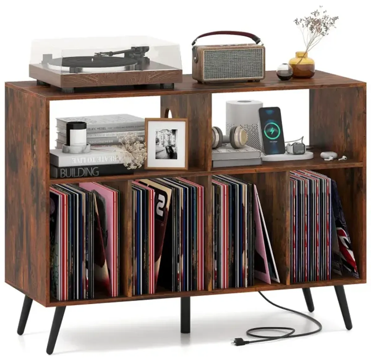 Record Player Stand with Charging Station and Open Shelves