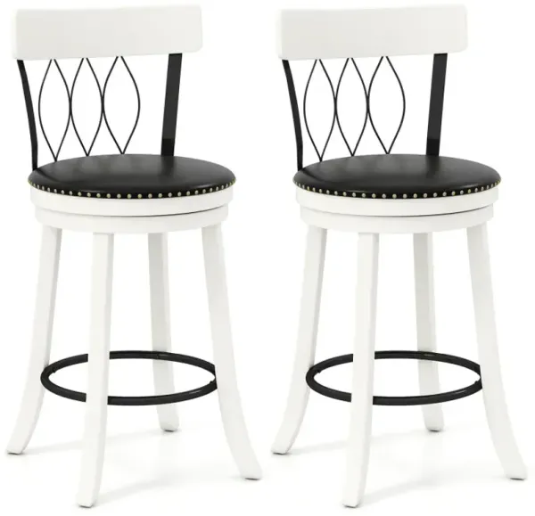 Set of 2 Bar Stools Swivel Bar Chairs with Footrest Rubber Wood Frame and Tufted Rivets