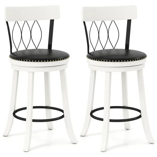 Set of 2 Bar Stools Swivel Bar Chairs with Footrest Rubber Wood Frame and Tufted Rivets