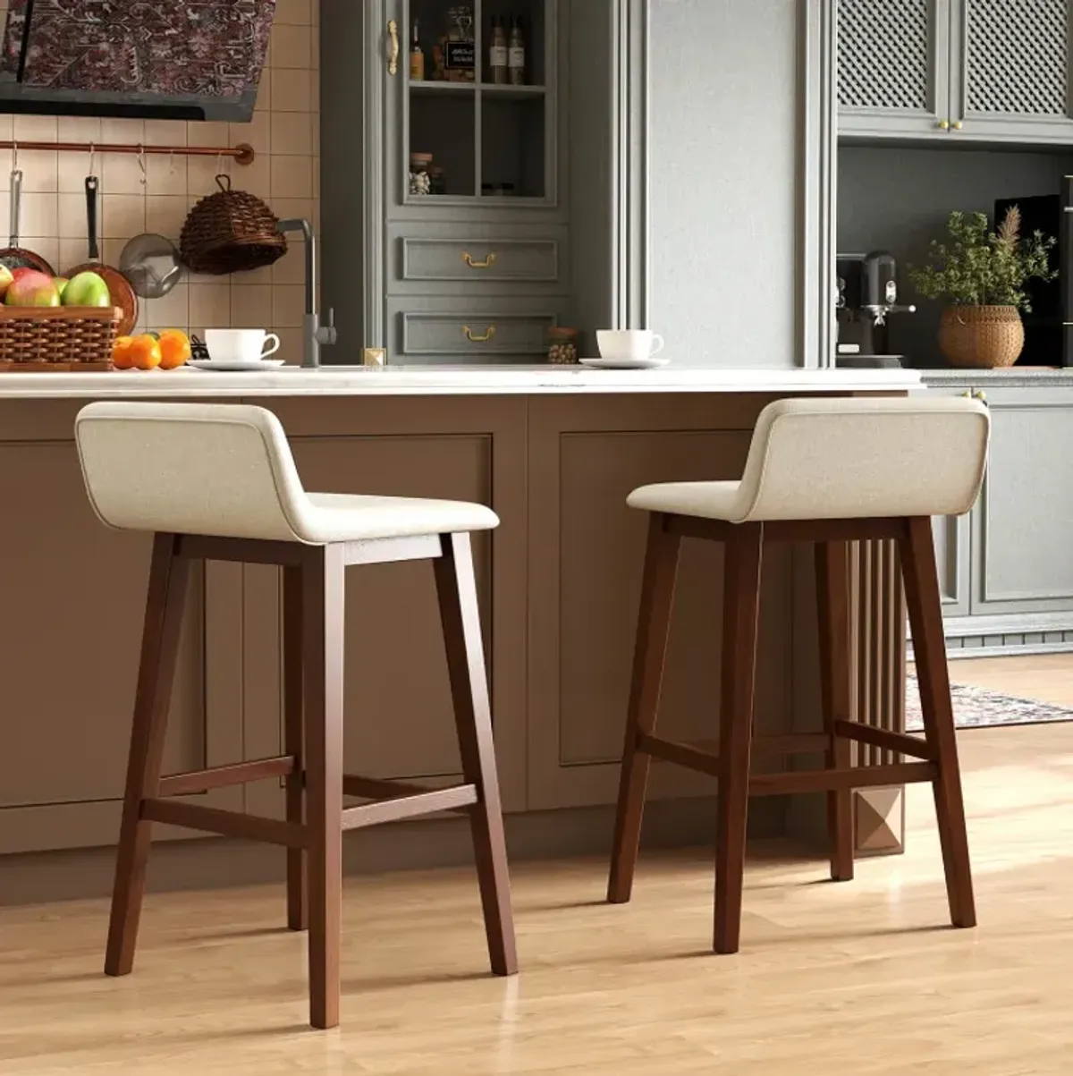 29 Inch Low-Back High-Top Chairs with Padded Seat and Rubber Wood Legs