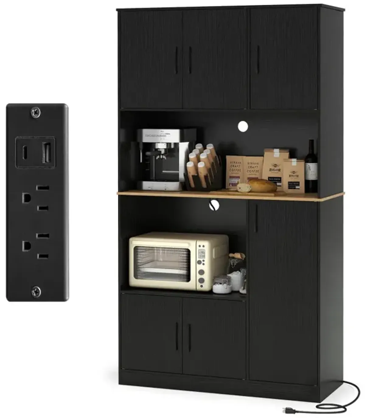 71" Tall Kitchen Pantry Cabinet with Charging Station Wooden Buffet Cupboard Sideboard