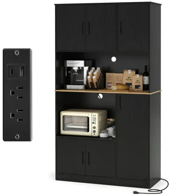 71" Tall Kitchen Pantry Cabinet with Charging Station Wooden Buffet Cupboard Sideboard
