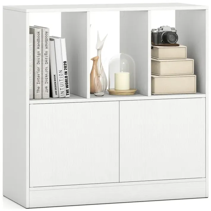 3-Cube Bookcase with Doors 3-Tier Cubic Bookshelf with Open Compartments and Cabinet