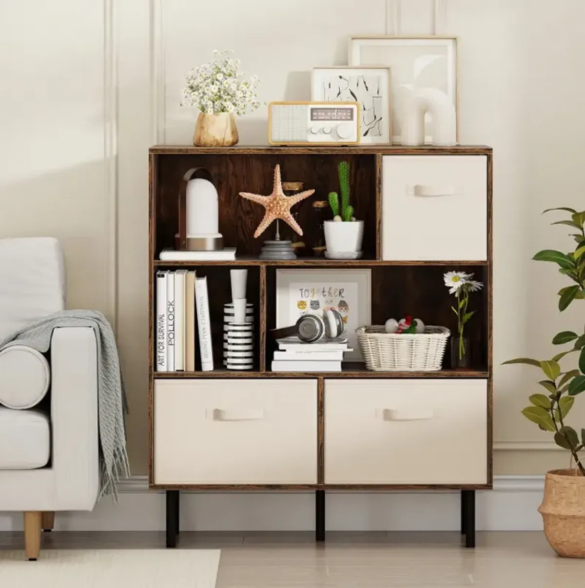 6-Cube Bookshelf with 3 Removable Folding Fabric Drawers for Living Room