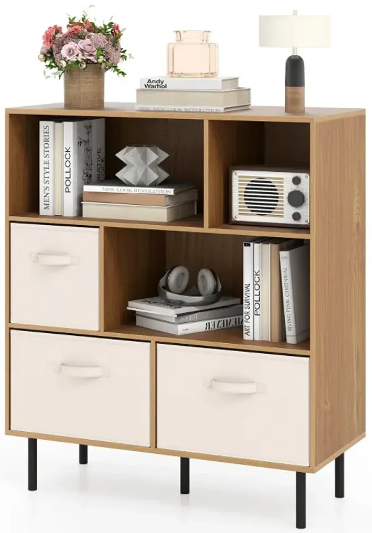 6-Cube Bookshelf with 3 Removable Folding Fabric Drawers for Living Room