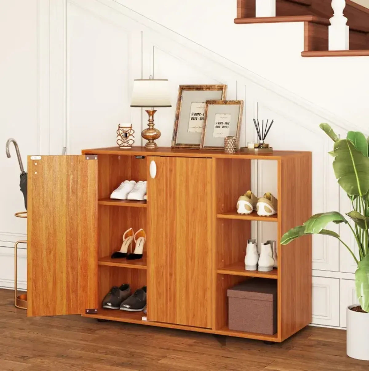 3-Tier Shoe Cabinet with Doors with Adjustable Open Shelves for Entryway