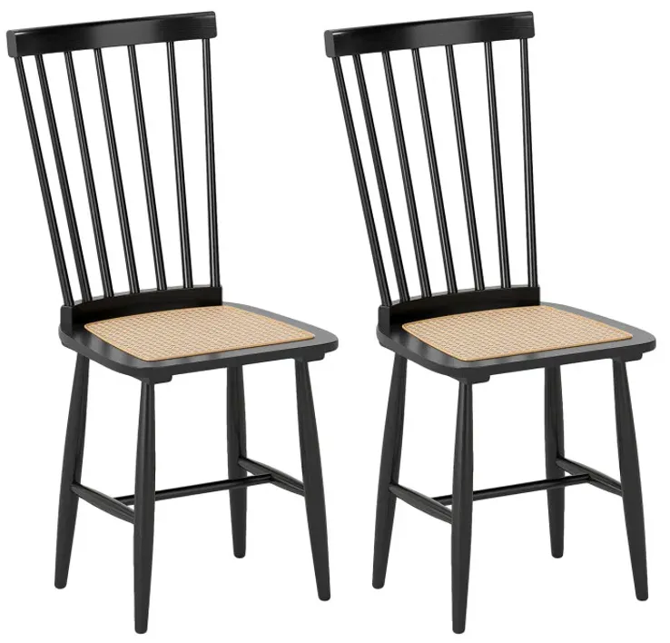 Farmhouse Solid Rubber Wood Dining Chairs Set of 2 with PE Rattan Seats
