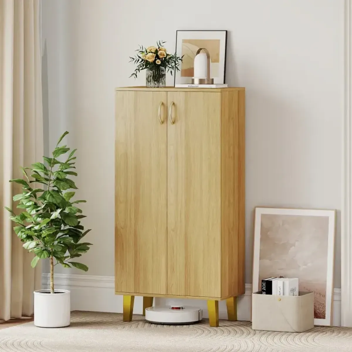6-Tier Modern Freestanding Wooden Shoe Cabinet with Doors and Removable Shelves