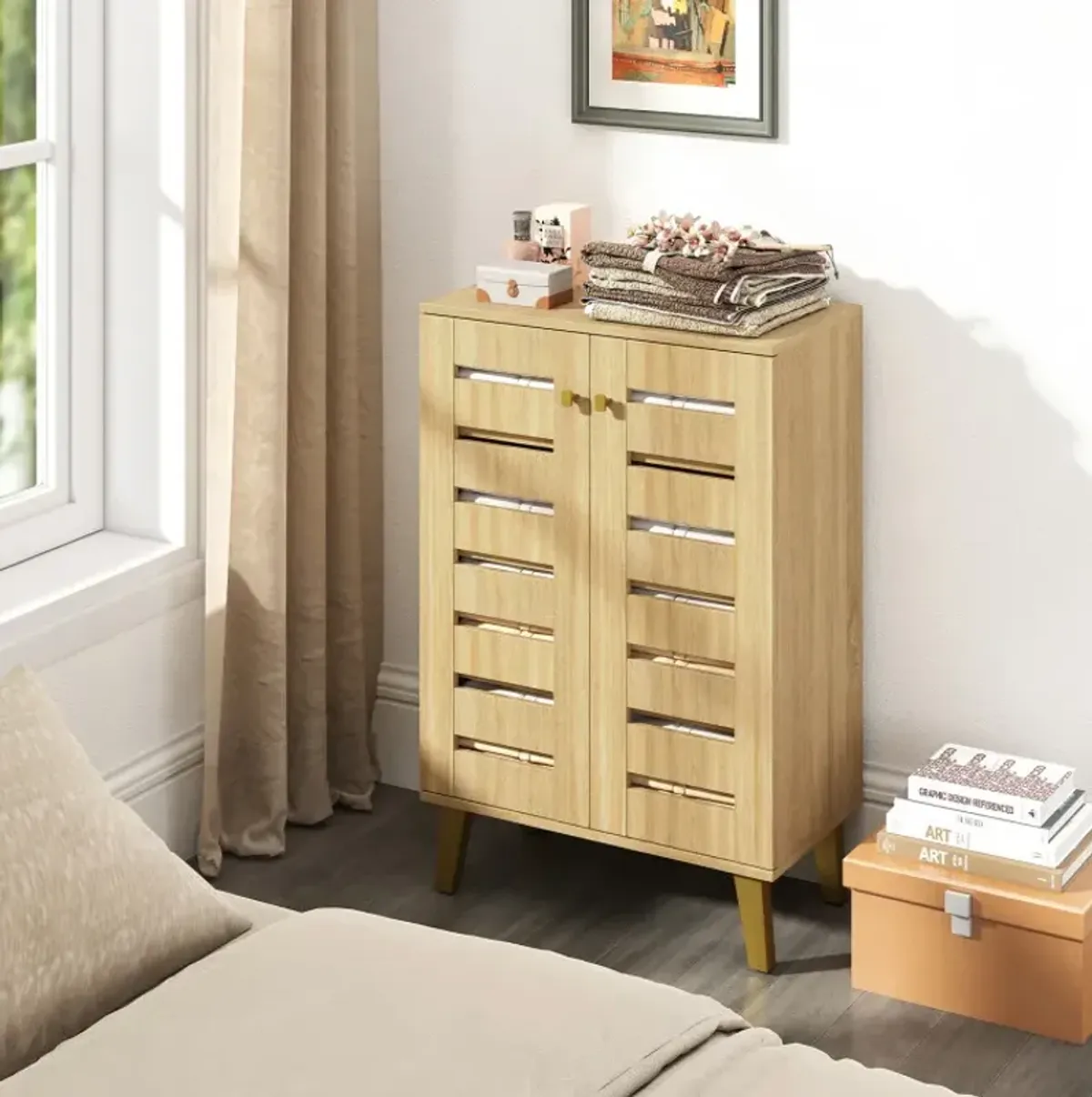 4-Tier Modern Freestanding  Wooden Shoe Cabinet with Doors and Removable Shelves